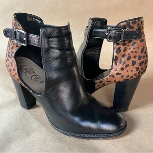 { Anthropologie } Candela Gala Boot in Black Leather / Leopard Calf Hair, size 7